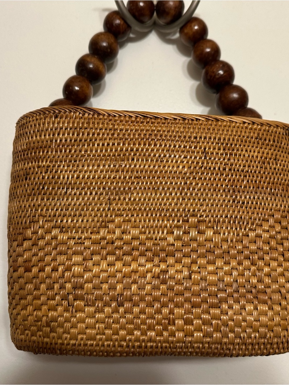 Handwoven Mini Rattan Bag with Wooden Bead Handle - Brown - Picture 2 of 6